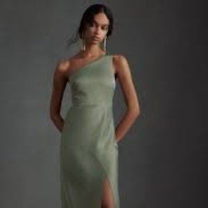 Anthropologie Weddings / BHLDN Dylan One-shoulder Satin Side-slit Gown in Moss